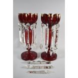 A Pair of Victorian Ruby Glass Lustres with Mixed Droppers, Some Requiring Attention, 33cm high