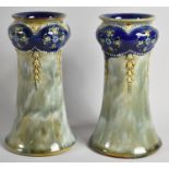 A Pair of Royal Doulton Aesthetic Vases in the Usual Coloured Enamels, 17.25cm high