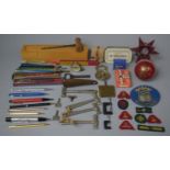 A Collection of Curios to Include Cricket Ball, Wooden Pen Box, Various Pens and Pencils, Toffee