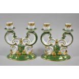 A Pair of French Hand Painted Green and Gilt Two Branch Porcelain Candlesticks, Each 18cm high