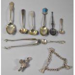 A Collection of Various Silver Items to include Salt and Mustard Spoons, Souvenir Spoon, Sugar