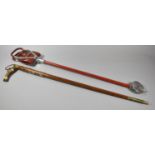 A Vintage Shooting Stick and Bone Handled Brass Mounted Hiking Stick with Souvenir Discs and Coins