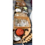 Five Boxes of Sundries to Include Glasswares, Kitchenwares, Ceramics, Light Shades, Cribbage Board