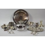 A Collection of Various Silver Plated Items to Include Muffin Dish, Teapot, Cruet Set, Candlesticks,