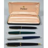 Three Parker Pens and One Ball Point Pen, One Parker Example Has 14k Nib
