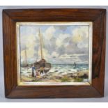 A Framed Oil on Card Depicting Fishing Boats on Beach with Figures Signed Bottom Left Estott,