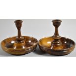 A Pair of Olive Wood Brighton Bun Travelling Candlesticks, 11cm Diameter