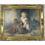 A Gilt Framed Print on Canvas Depicting Young Girl with Puppies, 44x34cm