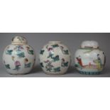 A Pair of Oriental Ginger Jars with Applied Enamels Depicting Flowers Together with a Chinese