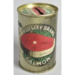 A Small Vintage Tin Can Money Box for Paisley Brand Salmon, "Helps You to Save Money", 8.5cm high