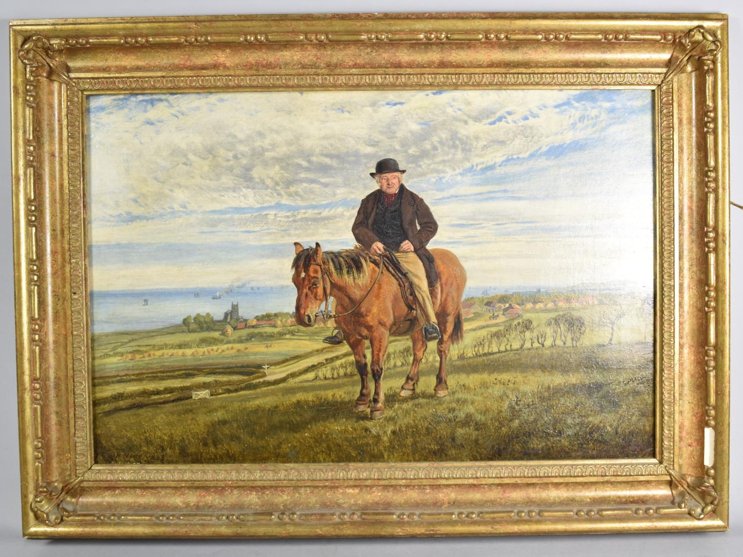 A Henry Moore (1831-1895) Oil on Board Depicting George Bulmer on Pony Overlooking Village and