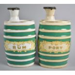A Pair of Ceramic Oval Barrel Shaped Decanters for Rum and Port with Pewter Hinged Lids, 22cm high