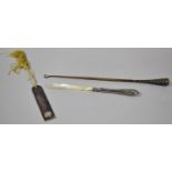 A Long Handled Silver Mounted Button Hook, Mother of Pearl Letter Opener and Silver Bookmark