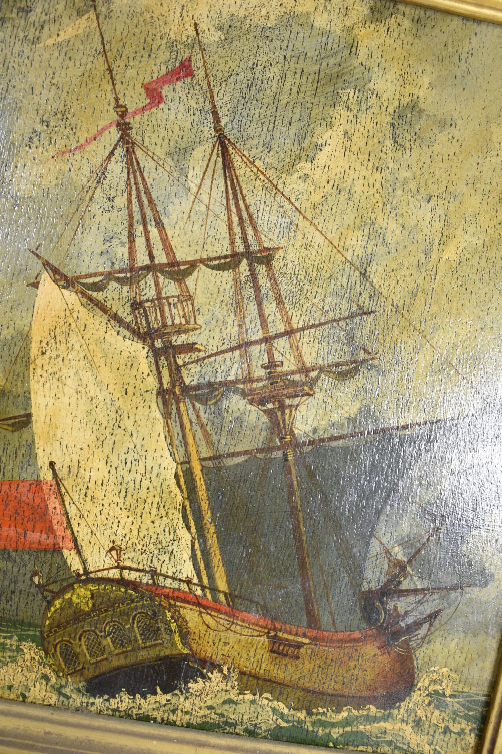 A Gilt Framed Oil On Board Depicting Tall Ship in Stormy Seas, 35x30cm, Unsigned - Image 2 of 2