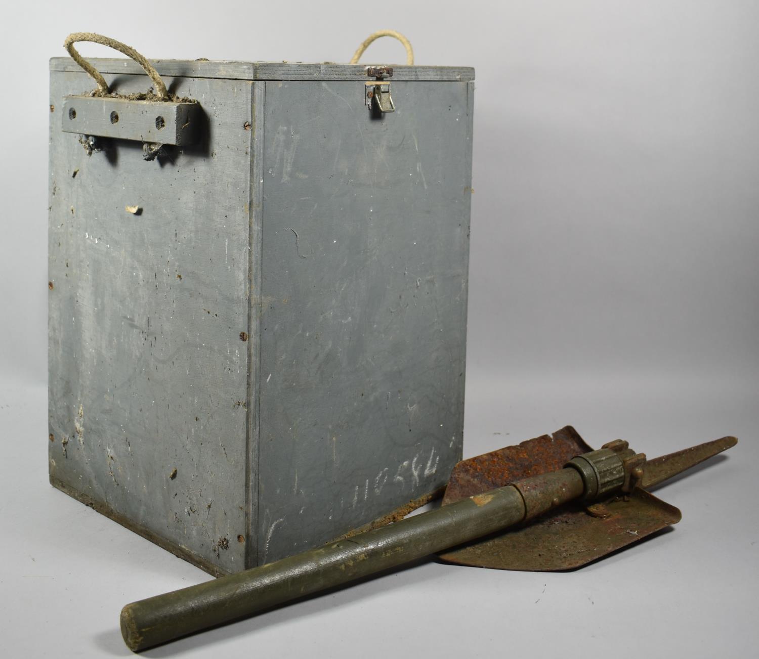 A Vintage Wooden Ammunition Box Together with a German Military Folding Pick Shovel