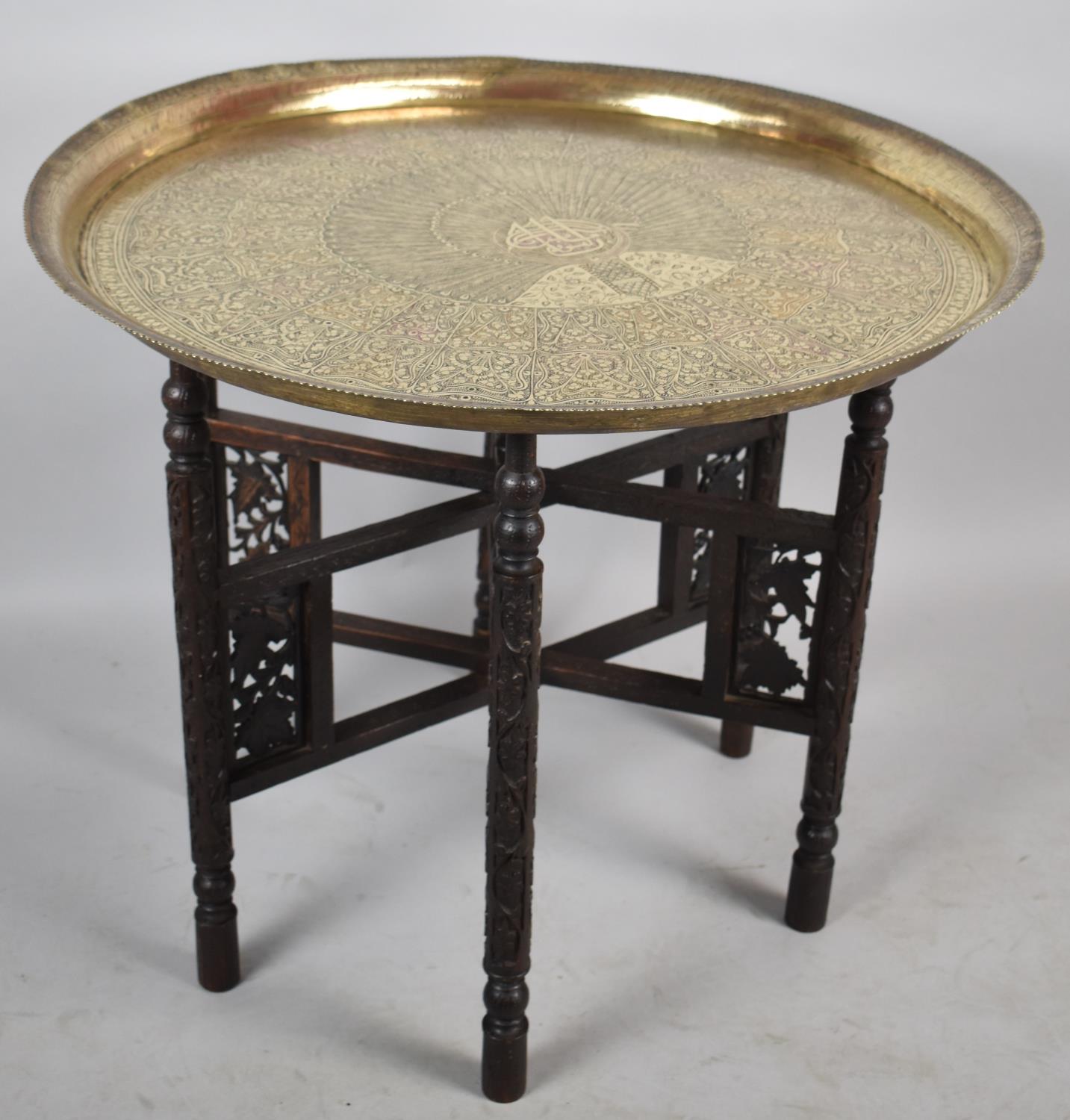 An Indian Brass Benares Tray Top Table, 69cm Diameter