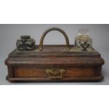 A Late Victorian Desktop Penrest and Inkstand with Two Ink Bottles and Base Drawer, 25cm Wide