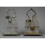Two Edwardian Four Bottle Cruet Sets with Silver Plate Stands