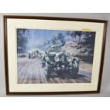 A Framed Print, 1930 Le Mans Bentley After Michael Turner, Print has Slipped From Map, 52x37cm