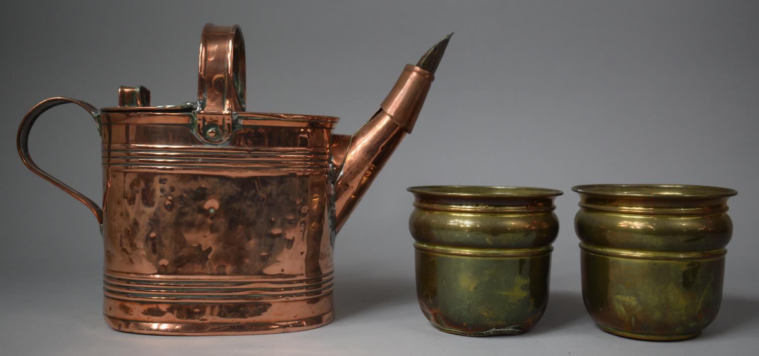 A Late 19th/Early 20th Century Copper Army and Navy Water Jug and Two Brass Planters