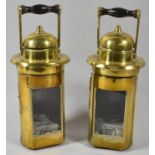 A Pair of Cylindrical Brass Oil Lamps, 22cm high