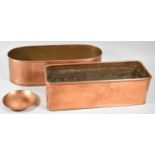 Two Copper Planters, 44cm and 41cm Long Together with a Small Copper Dish