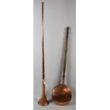 A Reproduction Copper Coaching Horn and a Small Copper Bed Warming Pan