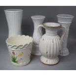 Three White Glazed Jardiniere Stands, Glazed Planter and a Two Handled Vase