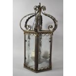 A Reproduction Hexagonal Three Branch Metal Framed Hall Lantern with Etched Glass Panels and