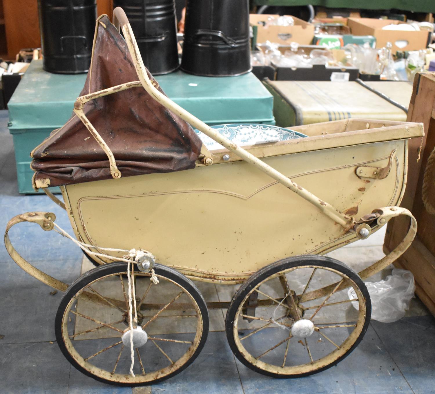 A Vintage Dolls Pram For Restoration and an Oval Meat Plate