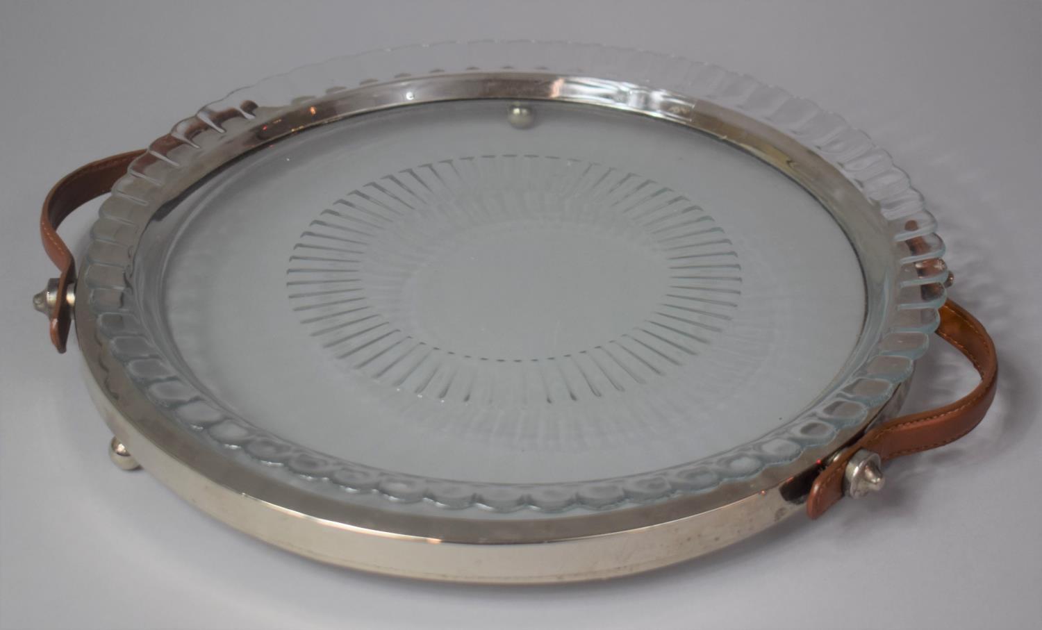 A Modern Circular Leather Handled Tray with Dish Top, 32.5cm Diameter