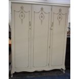 A Mid 20th Century Cream and Gilt Fitted Triple Wardrobe, 155cm wide