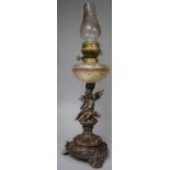 A Late 19th/Early 20th Century Bronze Effect Spelter Oil Lamp with Cherub Support, Painted Opaque