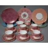 A Colclough Pink, Gilt and Rose Decorated Teaset To Comprise Plate, Six Cups, Milk, Sugar, Six