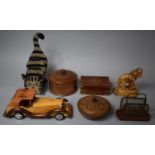 A Collection of Various Treen Items to Include Vintage Motorcar, Elephant Ornament, Letter Rack,