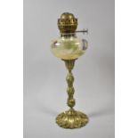 An Art Nouveau Brass Based Oil Lamp with Painted Glass Reservoir, Duplex Controls, No Chimney,