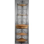 A Modern Wrought Iron and Woven Cane Five Shelf Corner Whatnot with Centre Drawer, 178cm high