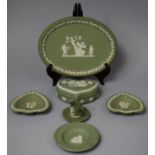 A Collection of Seven Pieces of Green Wedgwood Jasperware to Include Oval Platter, Two Dishes,