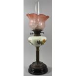 A Late 19th/Early 20th Century Oil Lamp with Ribbed Brass Column Support, Opaque Glass Reservoir