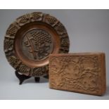 A Carved Wooden Box Decorated with Leaves Together with a Circular Carved Wooden Charger Decorated