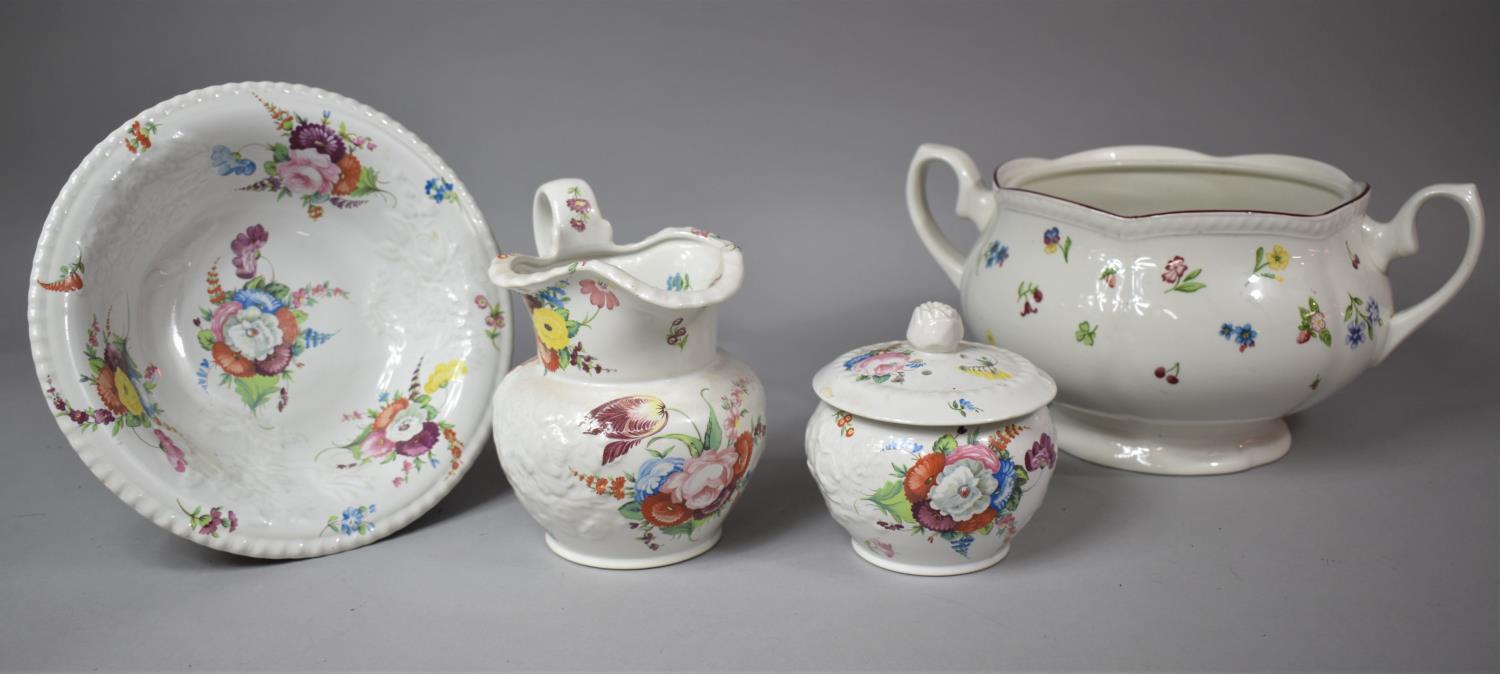 A Reproduction Transfer Printed Floral Pattern Miniature Toilet Jug and Bowl Together with a