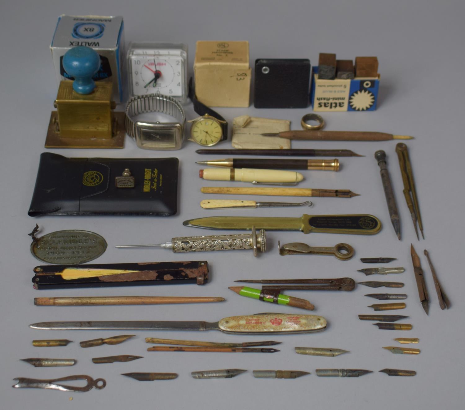 A Collection of Various Vintage Stationery and Desktop Items to Comprise Stamps, Pen Nibs to Include