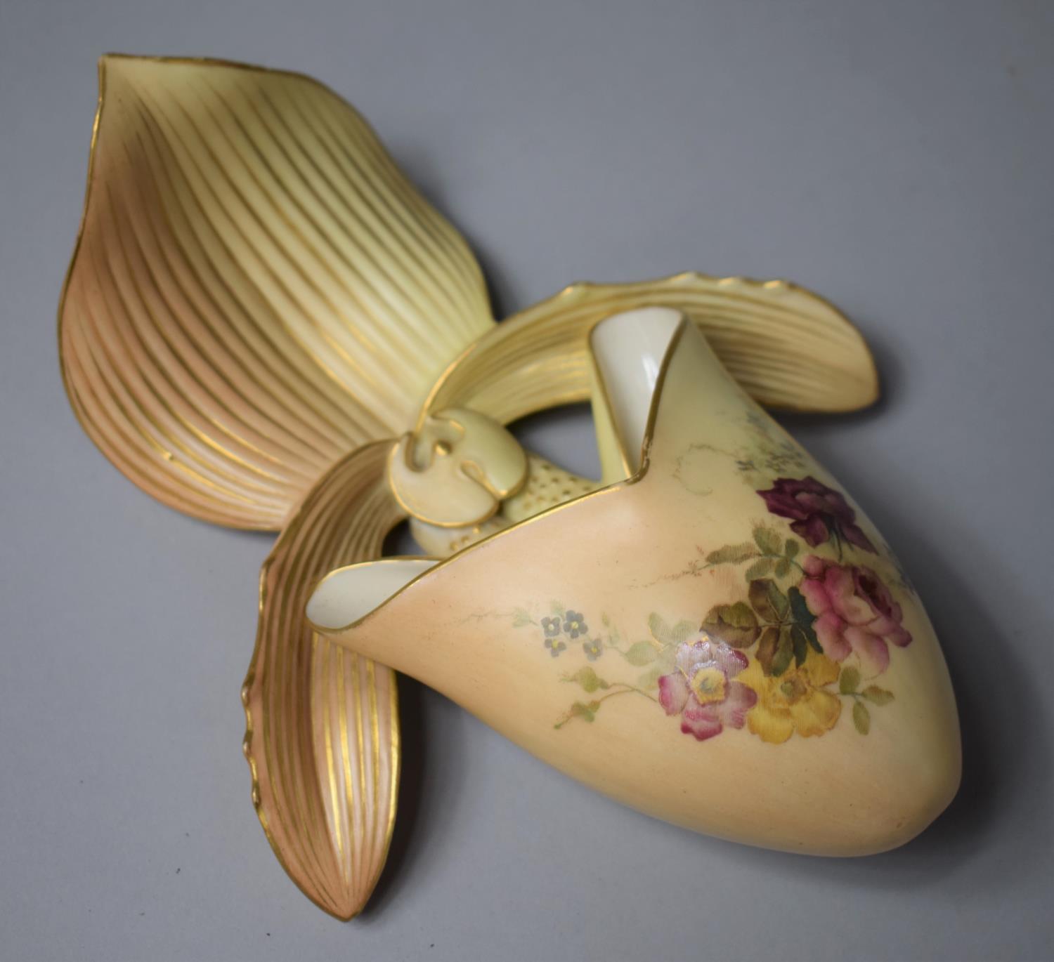 A Royal Worcester Blush Ivory Wall Pocket with Floral Decoration, 20cm high
