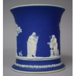 A Jasperware Cylindrical Blue and White Vase, 16cm high