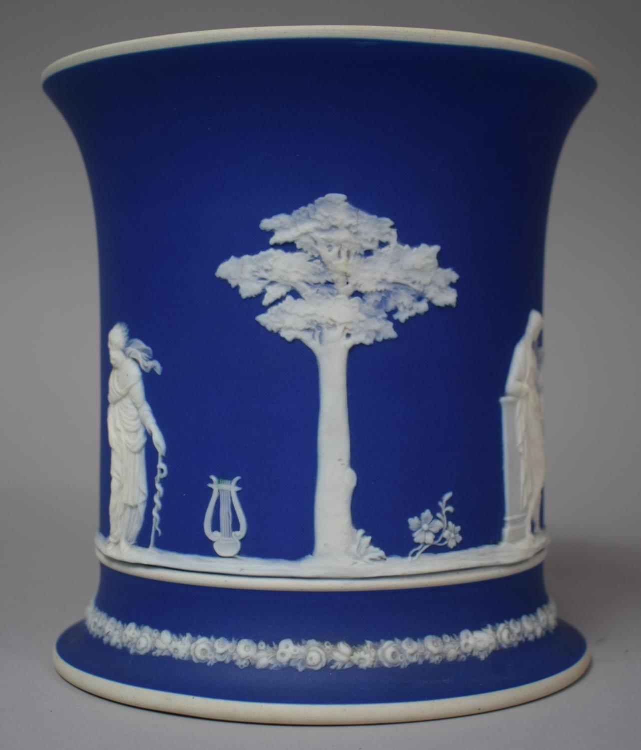 A Jasperware Cylindrical Blue and White Vase, 16cm high - Image 2 of 3