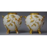 A Pair of Late 19th Century Royal Worcester Aesthetic Style Basket Weaved Two Handled Vases of