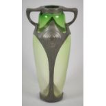 An Art Nouveau Pewter and Green Glass Vase Two Handled Vase in the Loetz Style, 19.5cm high
