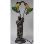 A Modern Bronze Effect Figural Table Lamp Depicting Lovers Embracing, Twin Branch Light Fittings