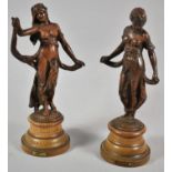 A Pair of Bronzed Spelter French Figures Depicting Dancing Maidens on Turned Wooden Bases, 30cm high