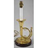 A Novelty Table Lamp in the Form of a Brass Horn on Circular Wooden Plinth Base, 39cm high